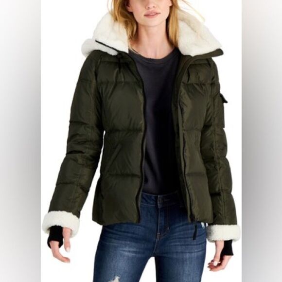 S13 Callie Faux Sherpa Trim Down Puffer Coat Military Green Medium NWT - Picture 1 of 10